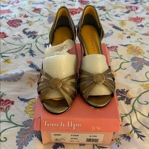Touch Ups Bronze Peep Toe Heels with gold detail